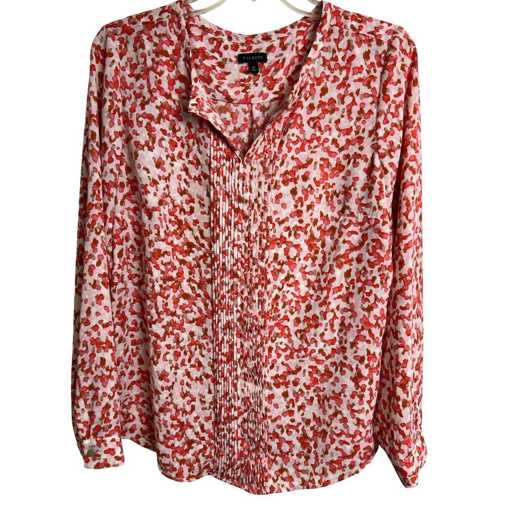 Talbots Blouse Women Medium Pink Red Abstract Print Pleated Front Long Sleeve C8